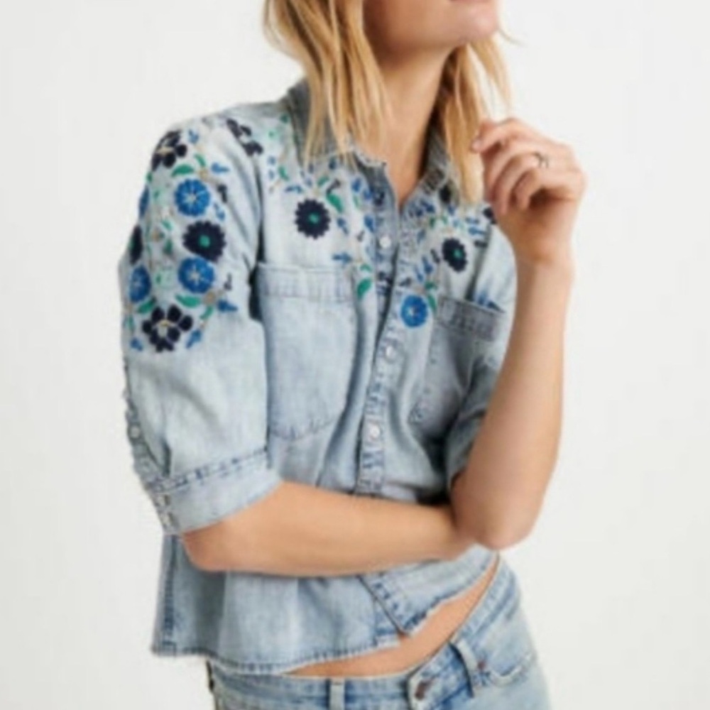 Lucky Brand Embroidered denim blouse